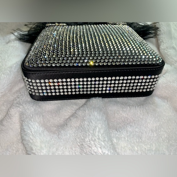 Mach & Mach Crystal & Feather Trim Satin Bag (Black) - Picture 12 of 13